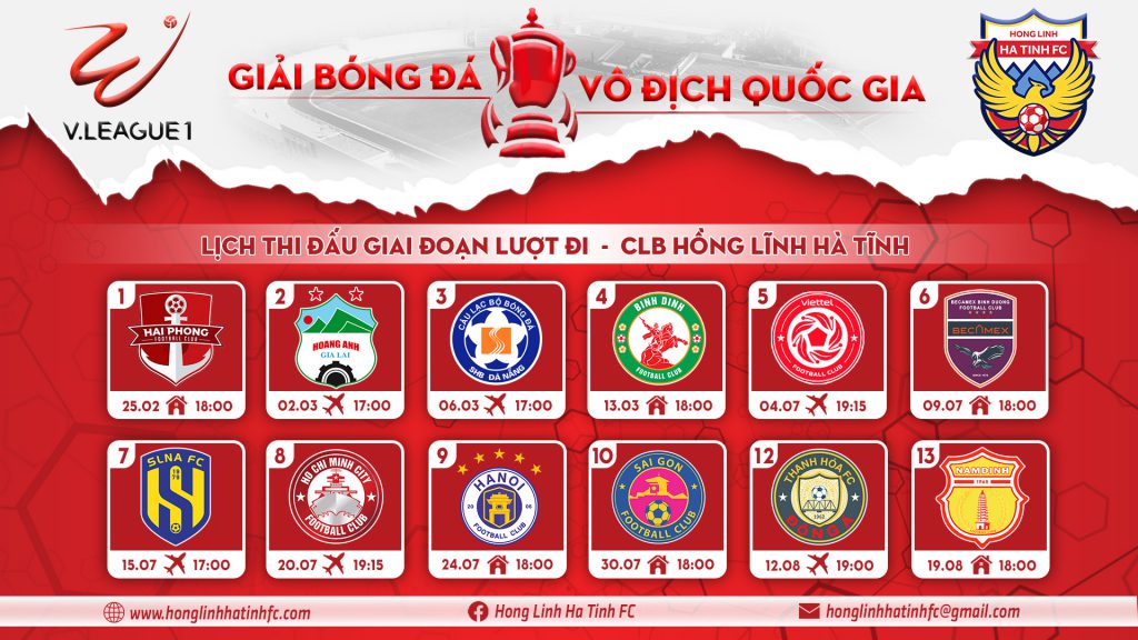 Lịch thi đấu giai đoạn lượt đi CLB bóng đá Hồng Lĩnh Hà Tĩnh tại V-League 2022